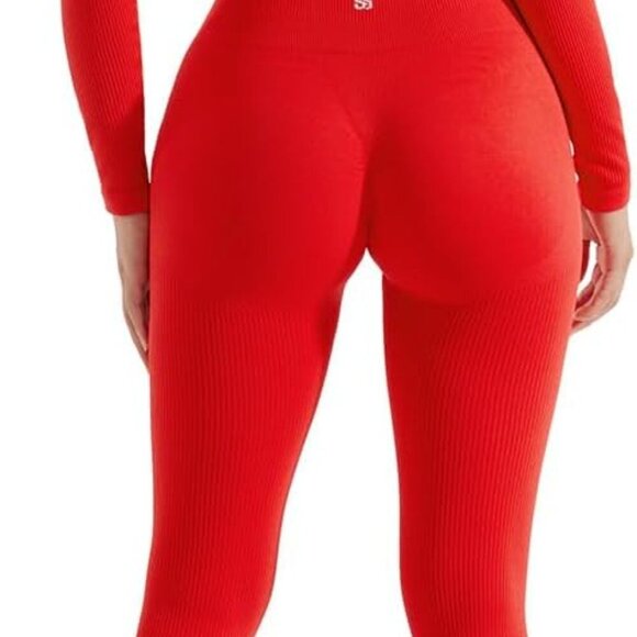 Open Back Long Sleeve Scrunch Butt Booty Leggings Seamless Ribbed Workout Sets 2 - Picture 2 of 6